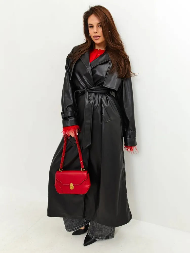 Chik lang læderjakke med bindebånd