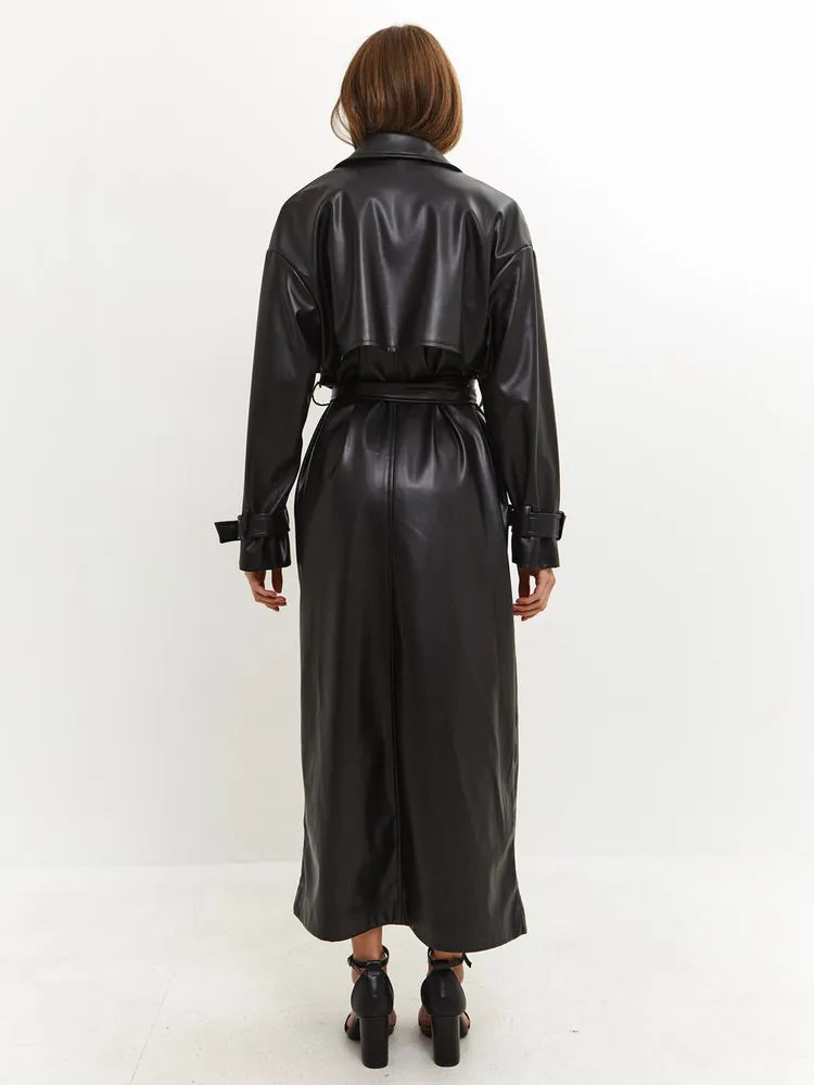 Chik lang læderjakke med bindebånd