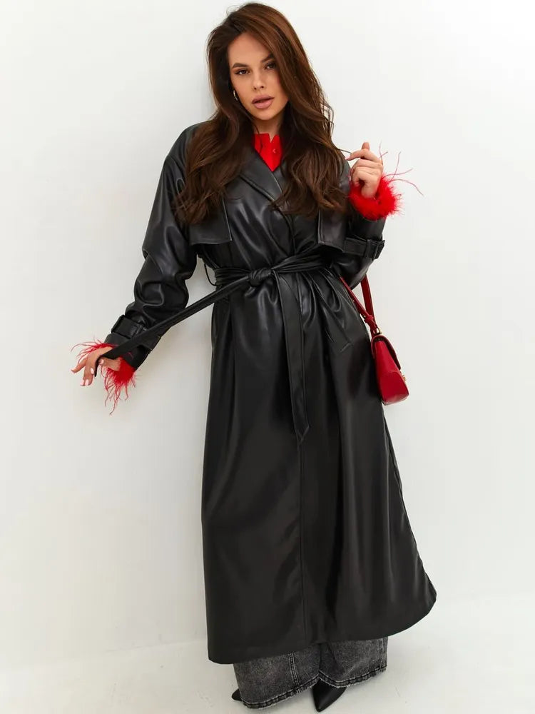 Chik lang læderjakke med bindebånd