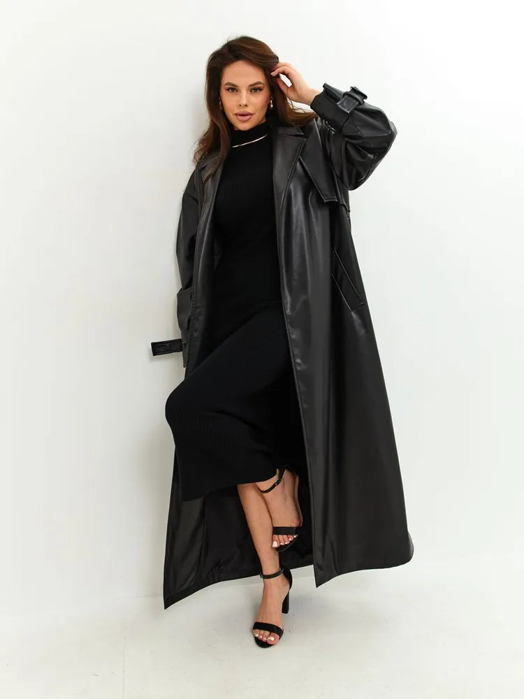 Chik lang læderjakke med bindebånd