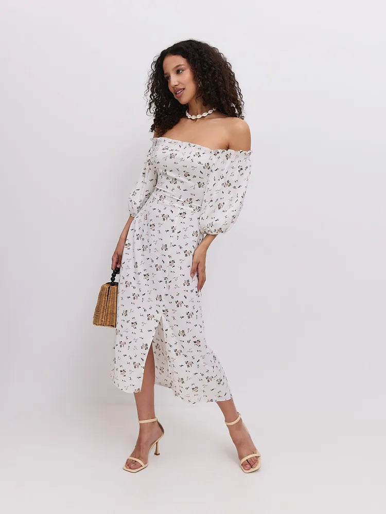 Blomstret Off-Shoulder Midikjole