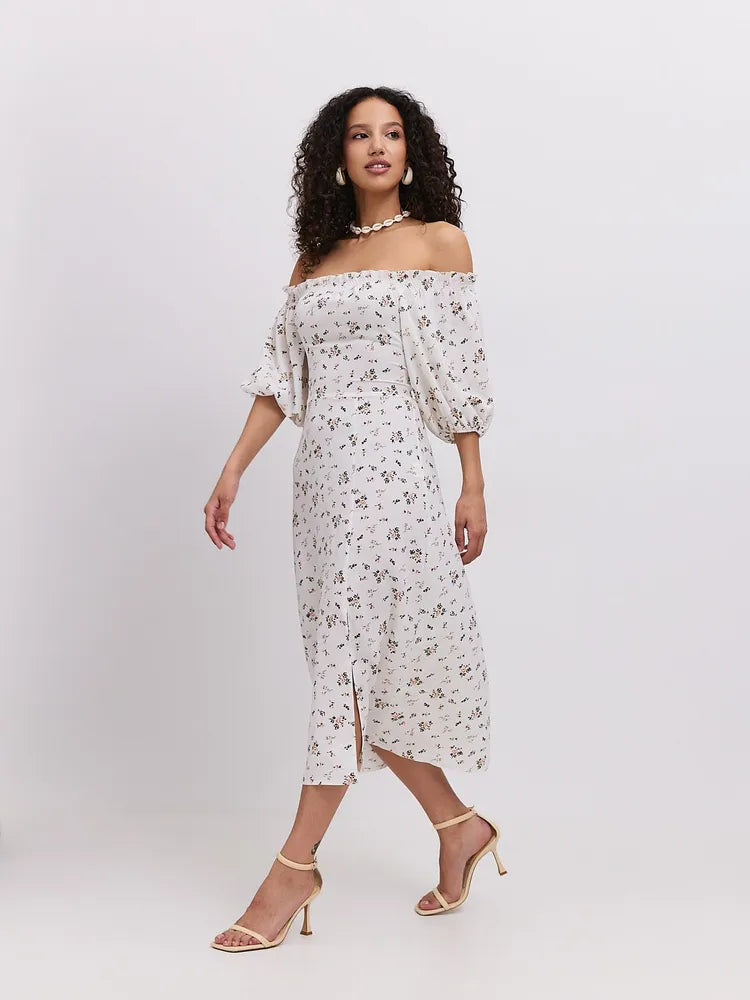 Blomstret Off-Shoulder Midikjole